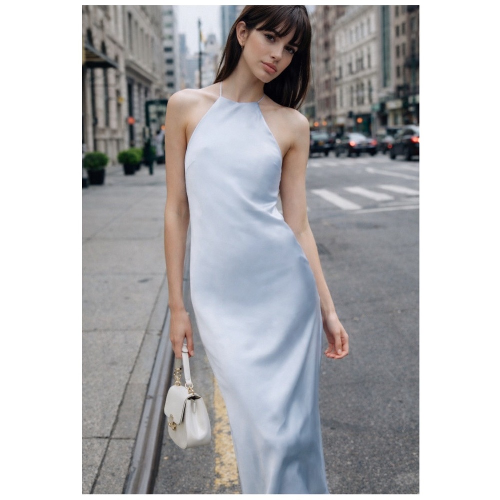NWT Zara Light Blue Satin Slip Midi Dress Open Back Halter Size M - Picture 2 of 11